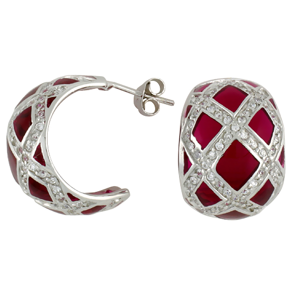 Sterling Silver Cubic Zirconia Red Half Huggie Resin Earrings, 9/16 inch wide