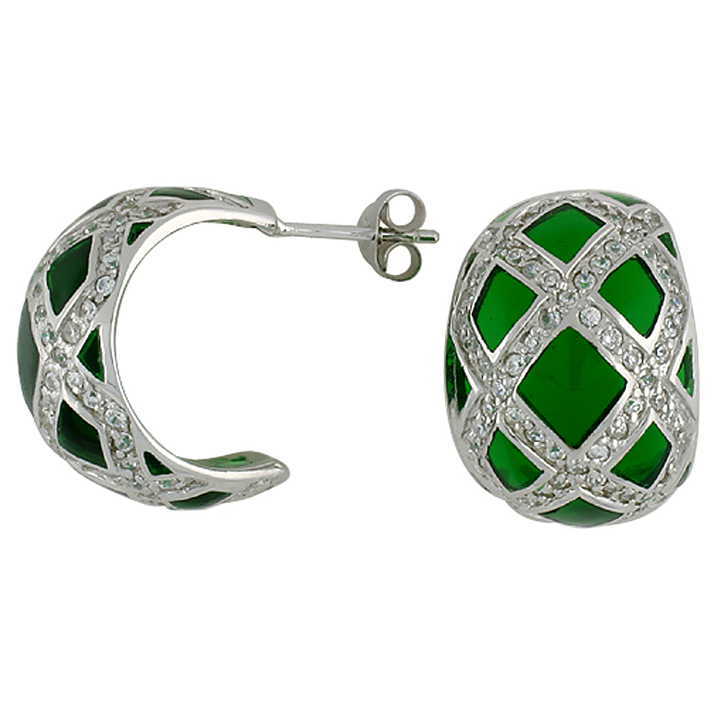 Sterling Silver Cubic Zirconia Green Half Huggie Resin Earrings, 9/16 inch wide