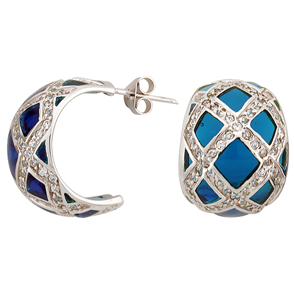 Sterling Silver Cubic Zirconia Blue Half Huggie Resin Earrings, 9/16 inch wide