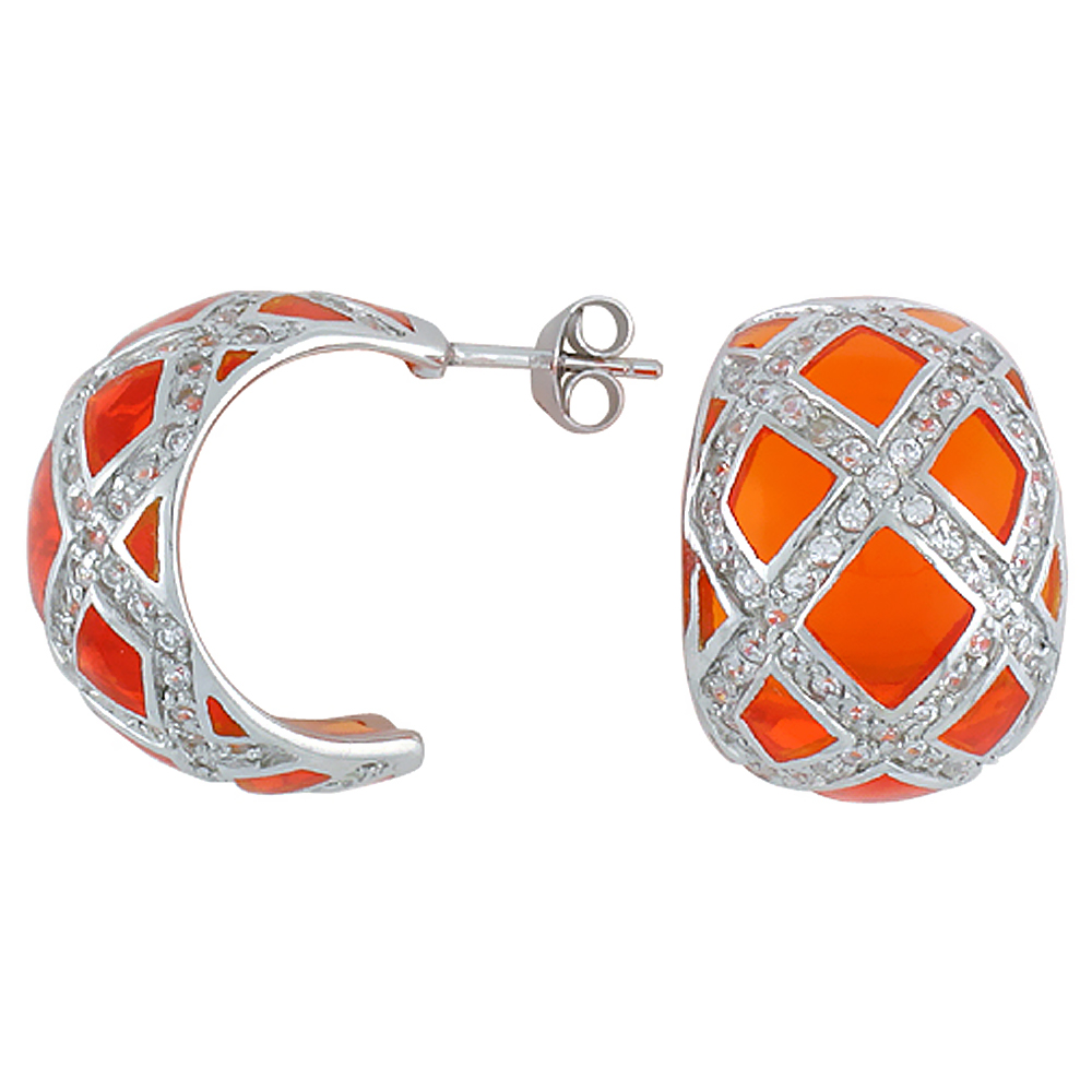 Sterling Silver Cubic Zirconia Orange Half Huggie Resin Earrings, 9/16 inch wide