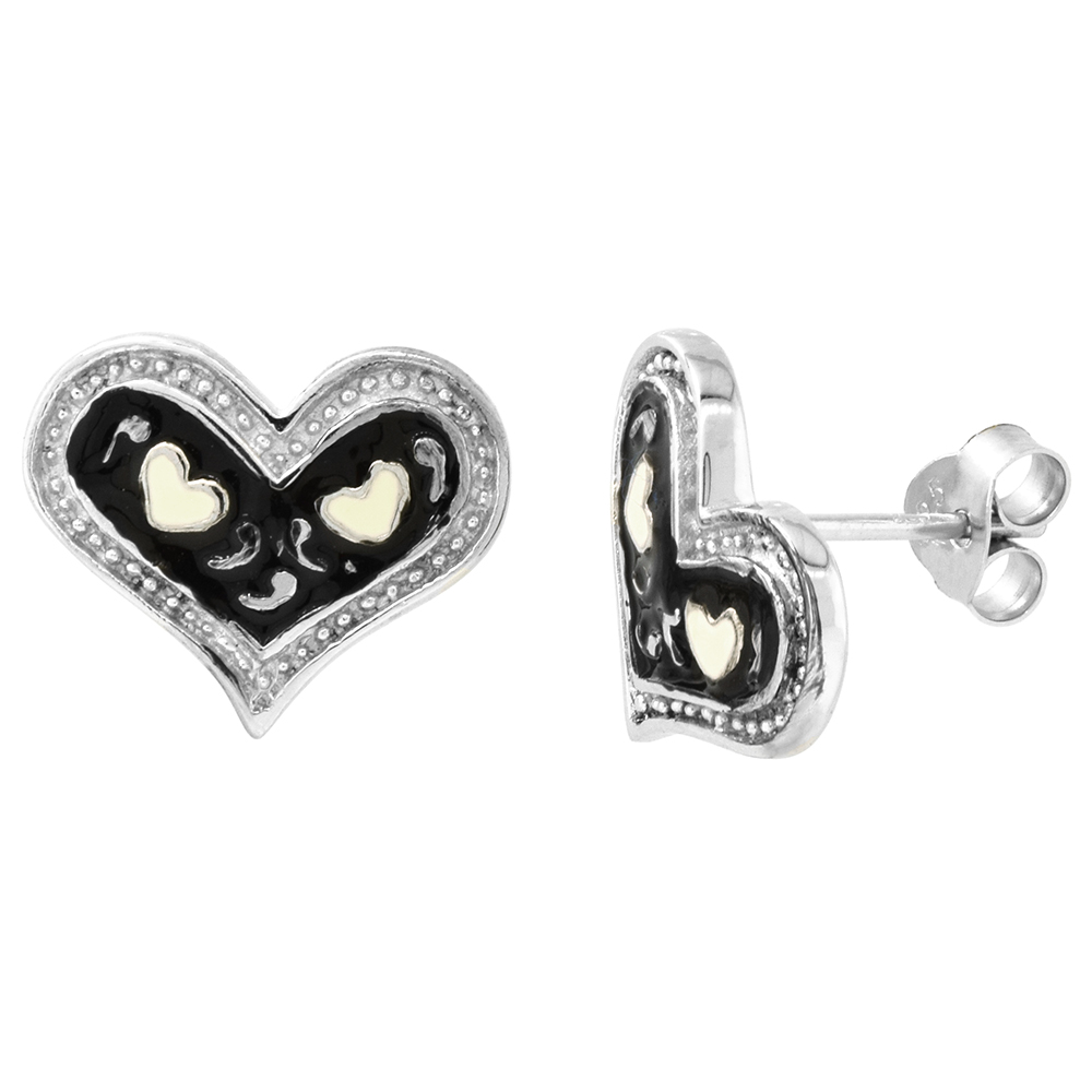Sterling Silver Heart Post Earrings White on Black Enamel Rhodium finish 5/8 inch