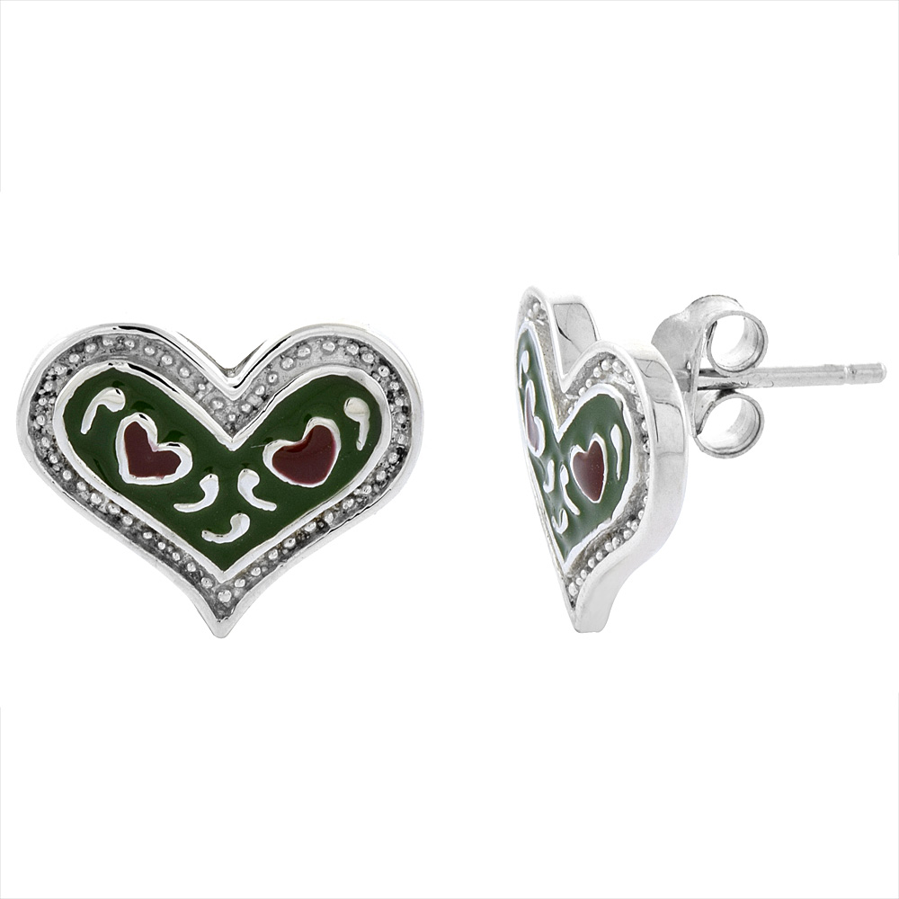 Sterling Silver Heart Post Earrings Green & Red Enamel Rhodium finish 5/8 inch