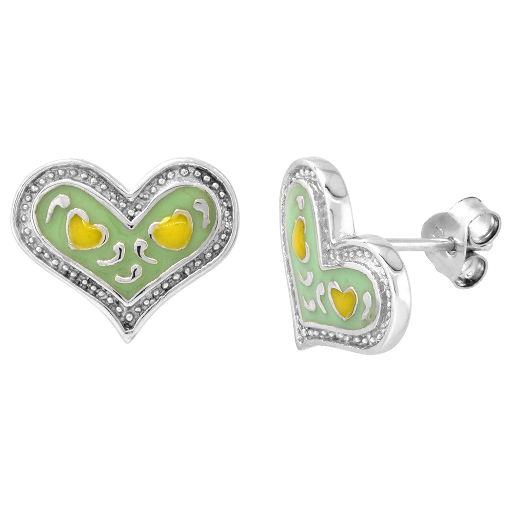 Sterling Silver Heart Post Earrings Yellow on Light Green Enamel Rhodium finish 5/8 inch