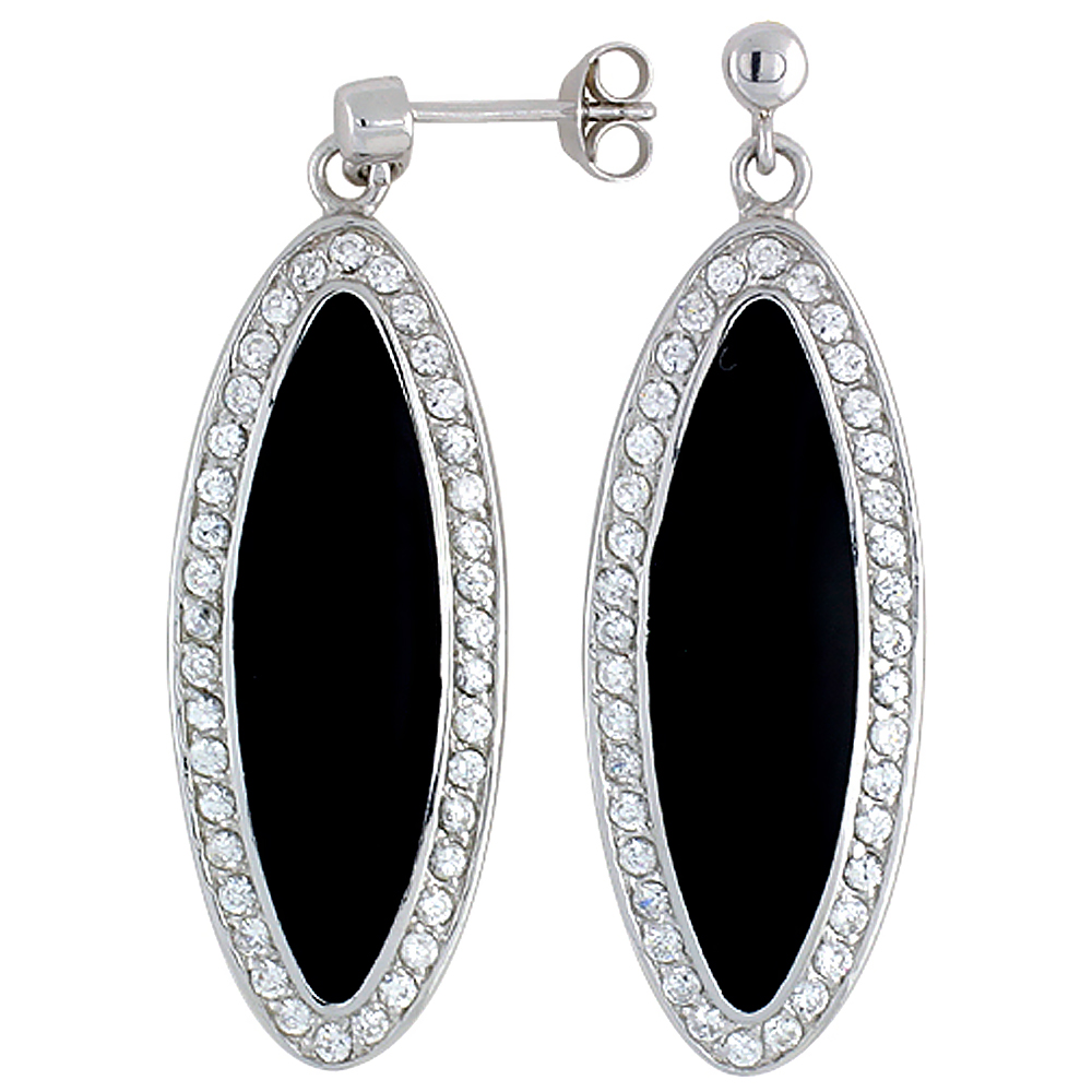 Sterling Silver Cubic Zirconia Black Marquise Resin Earrings, 9/16 inch wide