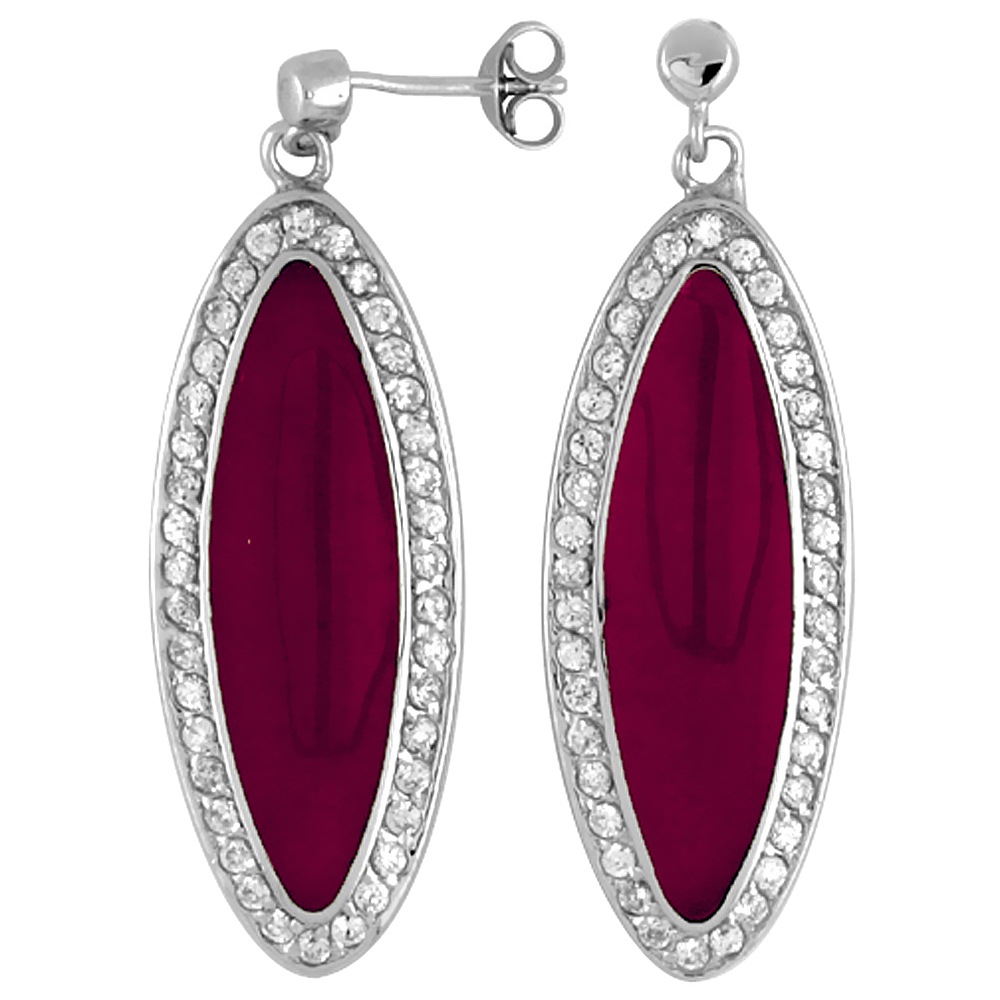 Sterling Silver Cubic Zirconia Red Marquise Resin Earrings, 9/16 inch wide