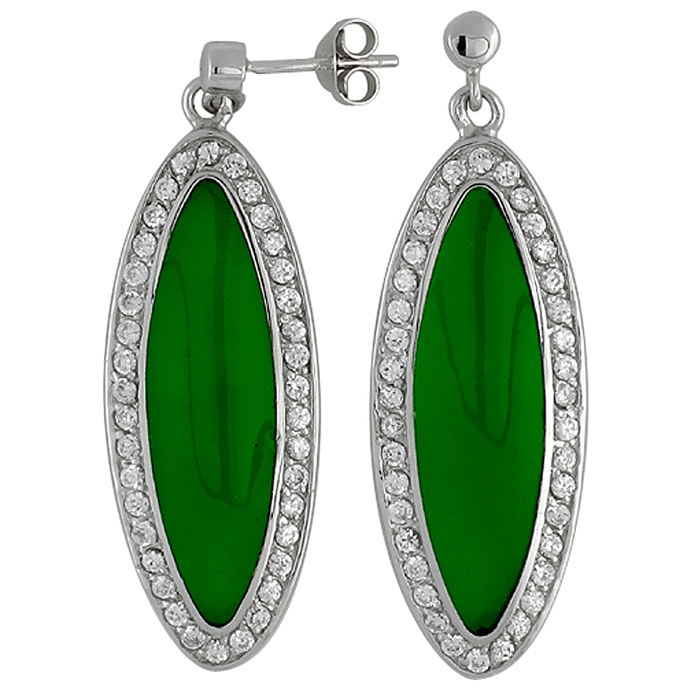 Sterling Silver Cubic Zirconia Green Marquise Resin Earrings, 9/16 inch wide