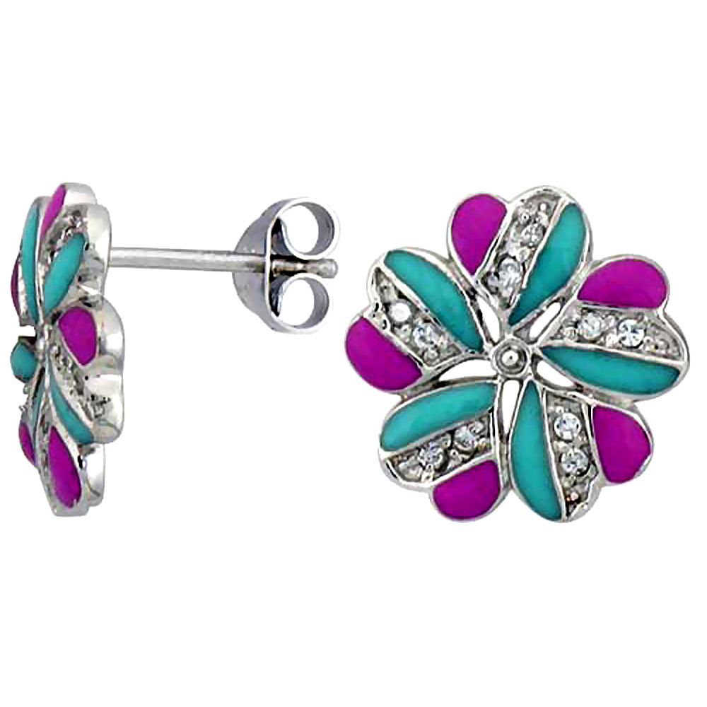 Sterling Silver 9/16" (14 mm) tall Post Earrings, Rhodium Plated w/ CZ Stones, Pink & Blue Enamel Designs