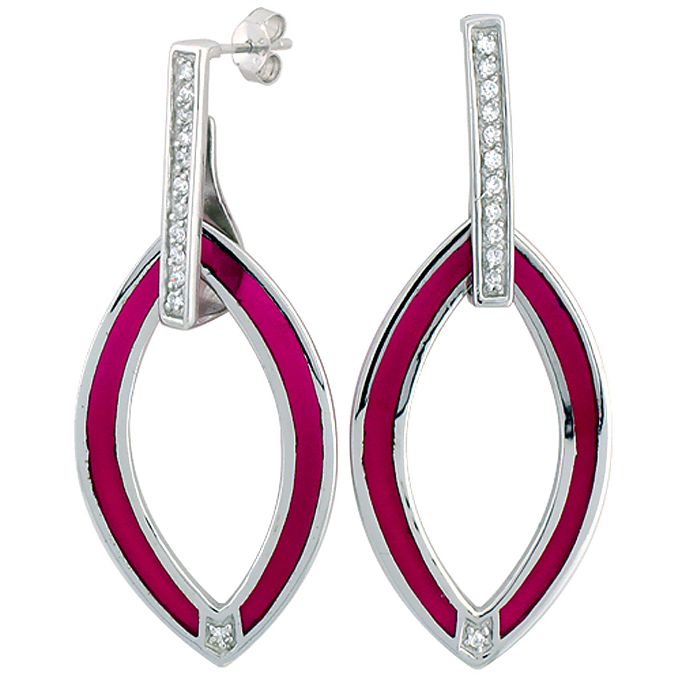 Sterling Silver Cubic Zirconia Bar Pink Marquise Open Design Resin Earrings, 13/16 inch wide