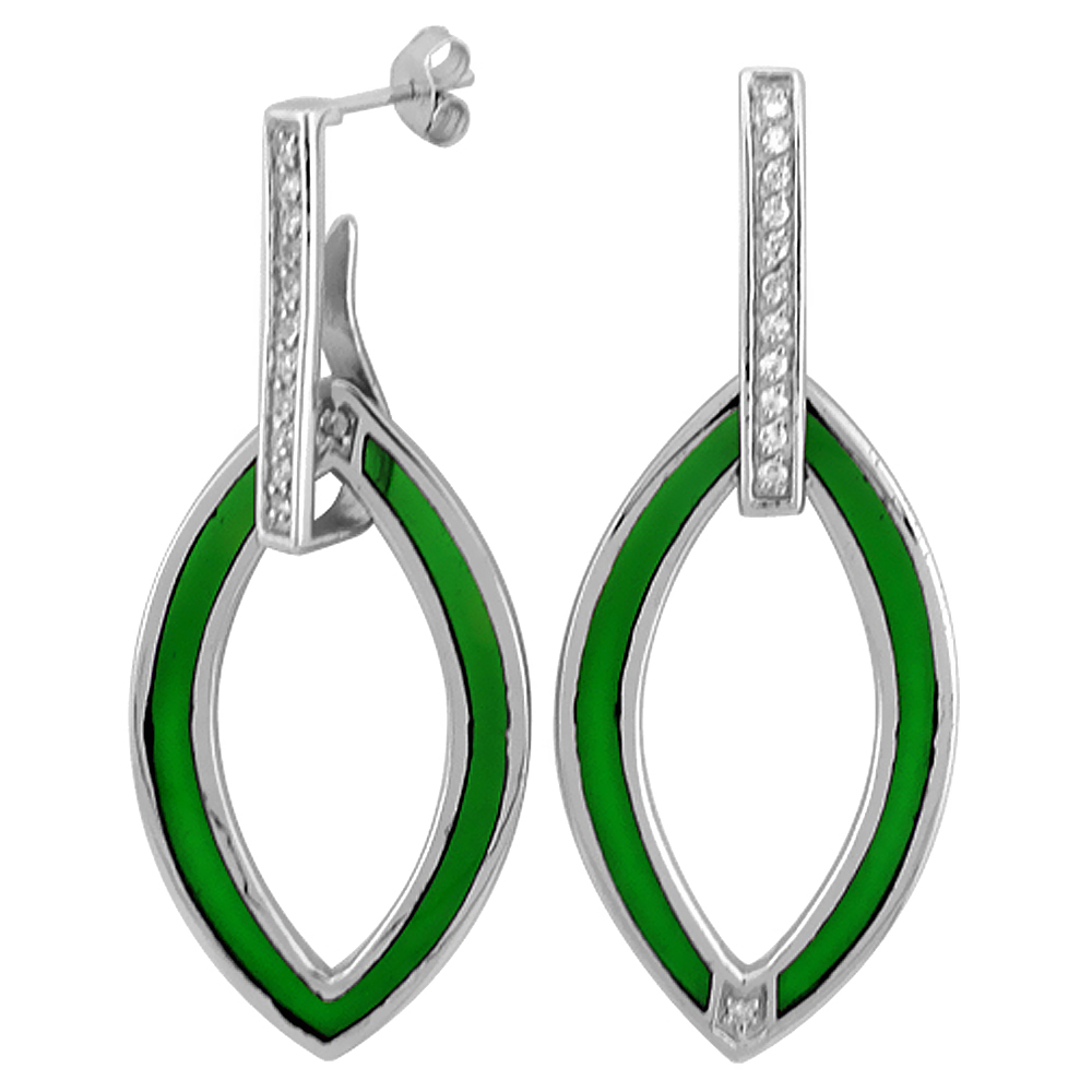 Sterling Silver Cubic Zirconia Bar Green Marquise Open Design Resin Earrings, 13/16 inch wide