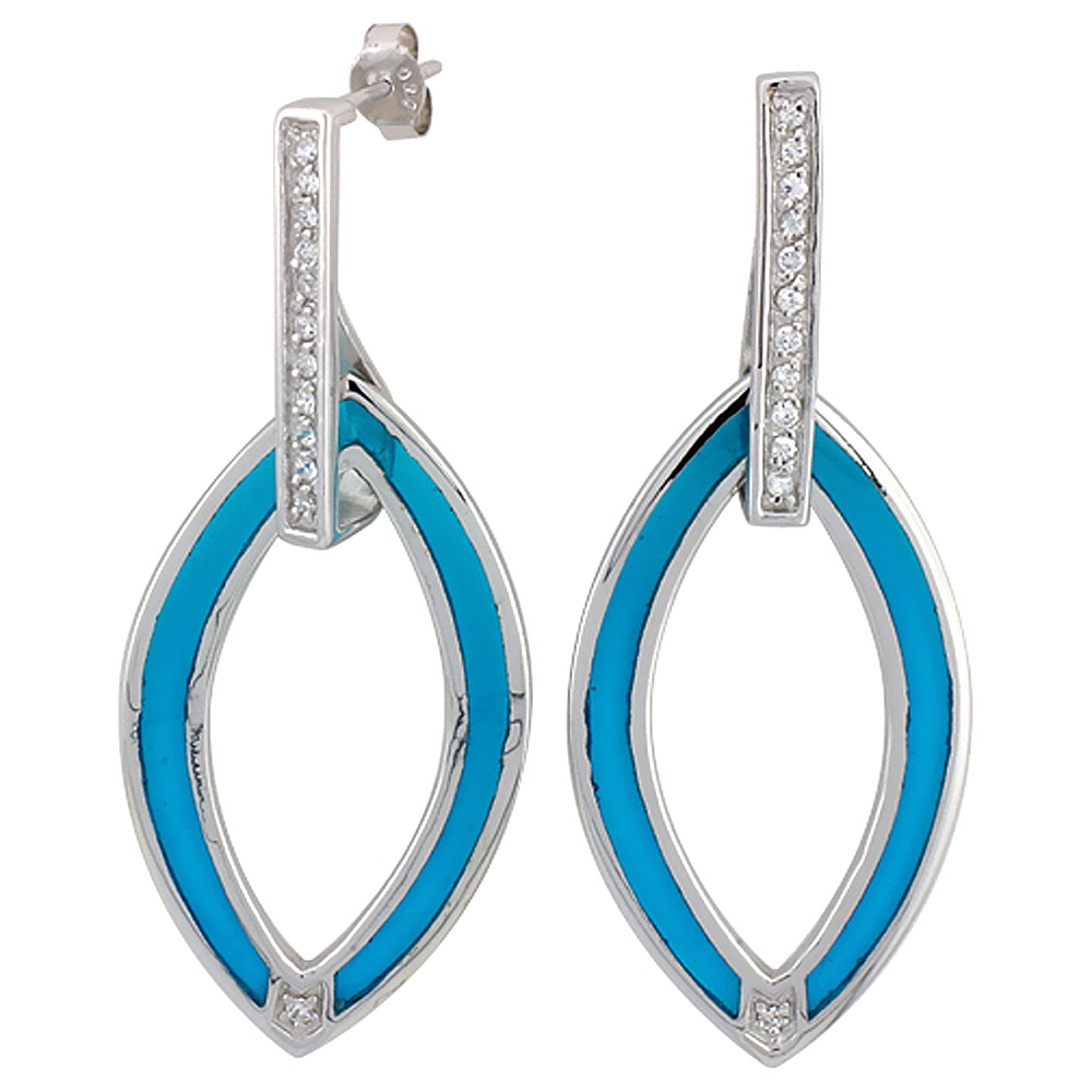 Sterling Silver Cubic Zirconia Bar Blue Marquise Open Design Resin Earrings, 13/16 inch wide