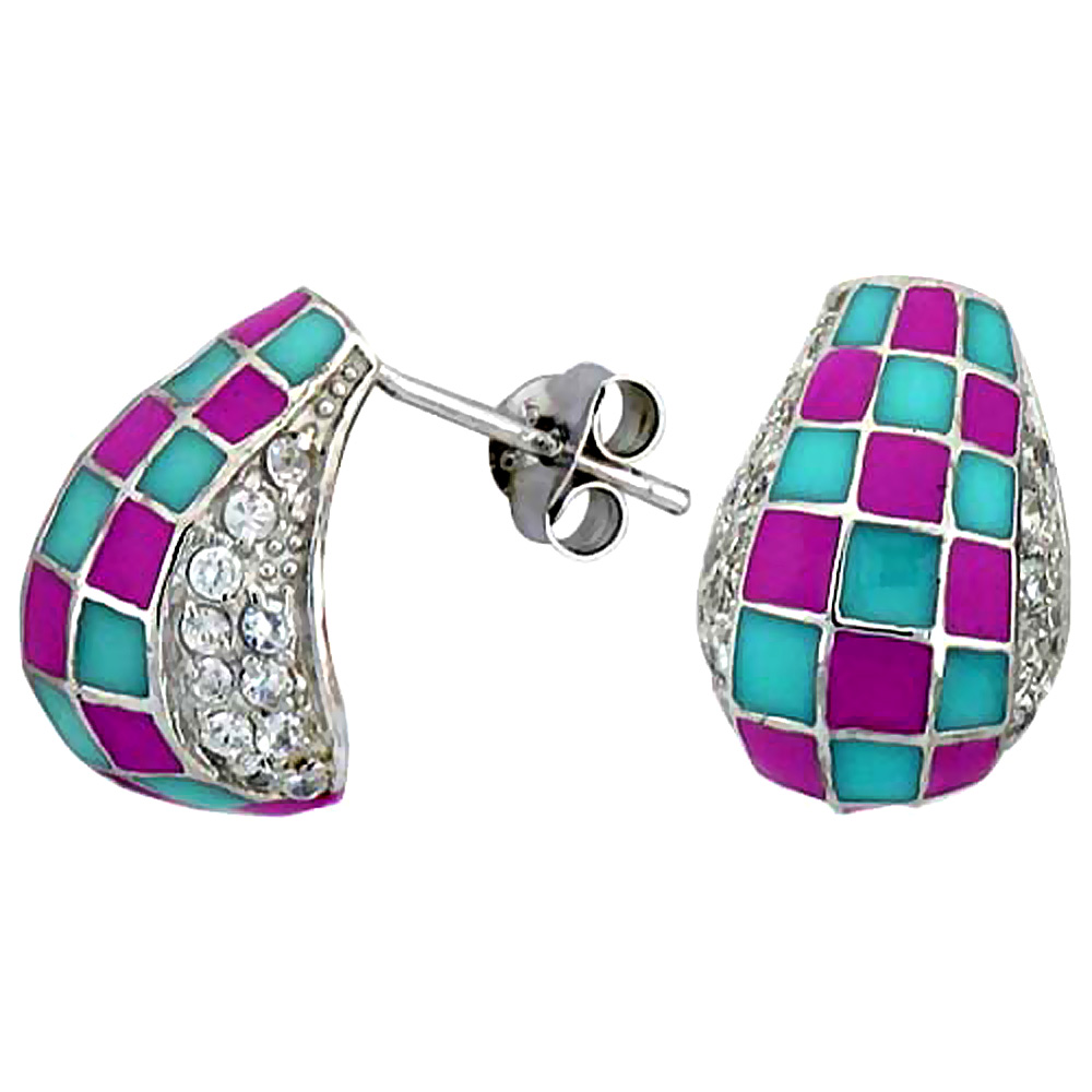 Sterling Silver Oval Post Earrings Pink &amp; Blue Checkered Enamel CZ Stones Rhodium finish, 5/8 inch