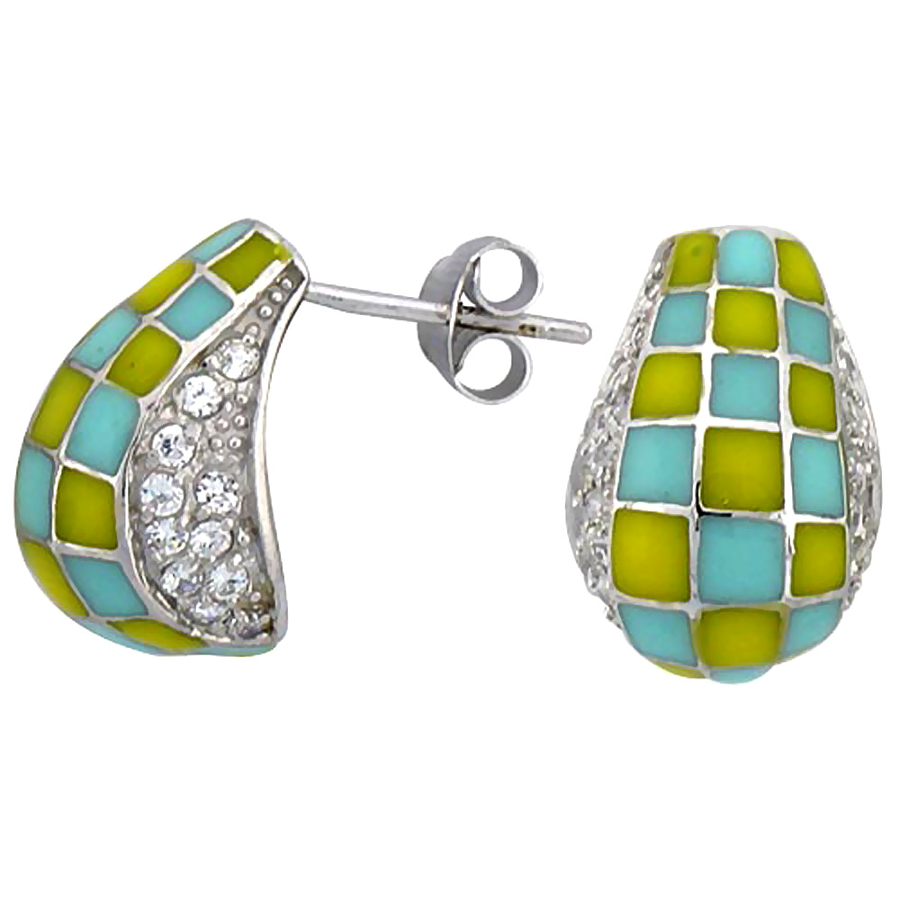 Sterling Silver Oval Post Earrings Yellow &amp; Blue Checkered Enamel CZ Stones Rhodium finish, 5/8 inch