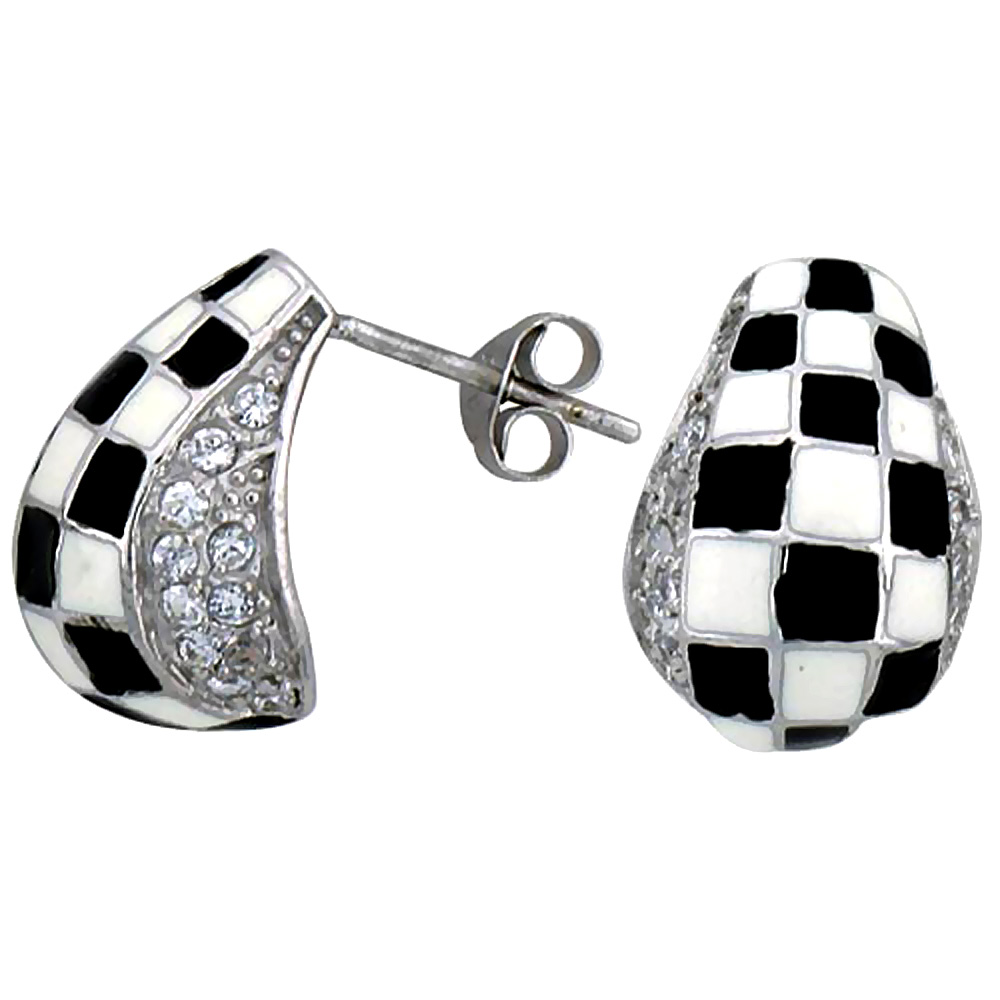 Sterling Silver Oval Post Earrings Black &amp; White Checkered Enamel CZ Stones Rhodium finish, 5/8 inch