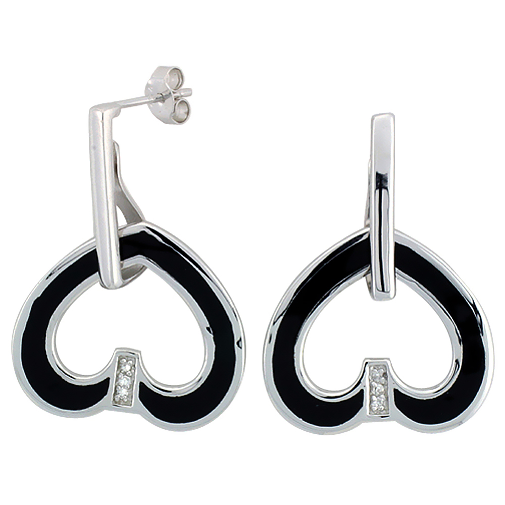 Sterling Silver Cubic Zirconia Black Heart Resin Earrings, 15/16 inch wide