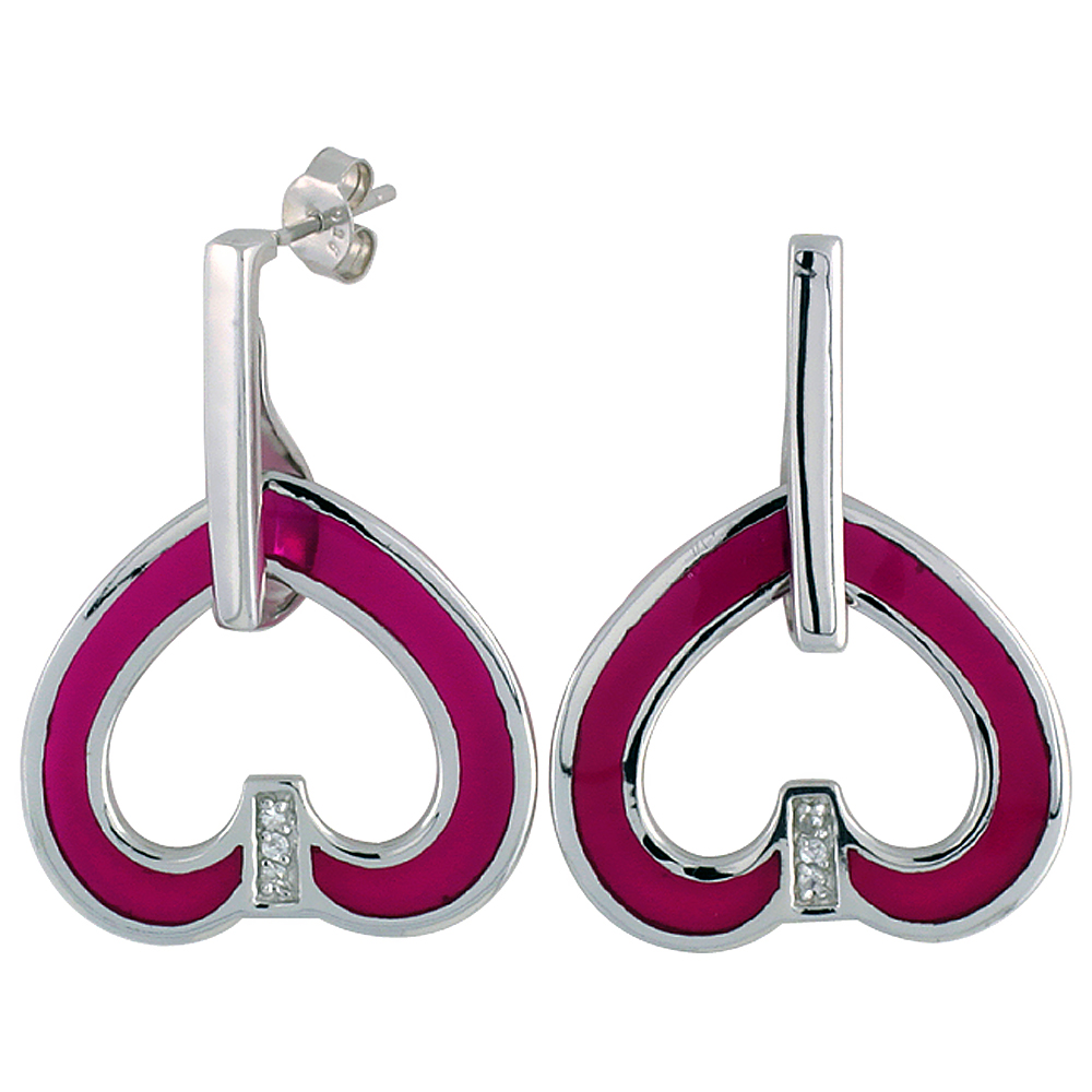 Sterling Silver Cubic Zirconia Pink Heart Resin Earrings, 15/16 inch wide