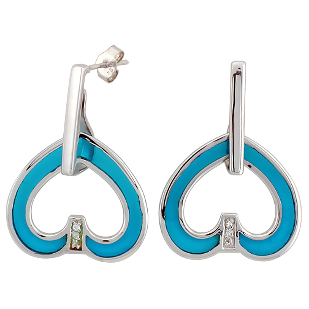 Sterling Silver Cubic Zirconia Blue Heart Resin Earrings, 15/16 inch wide