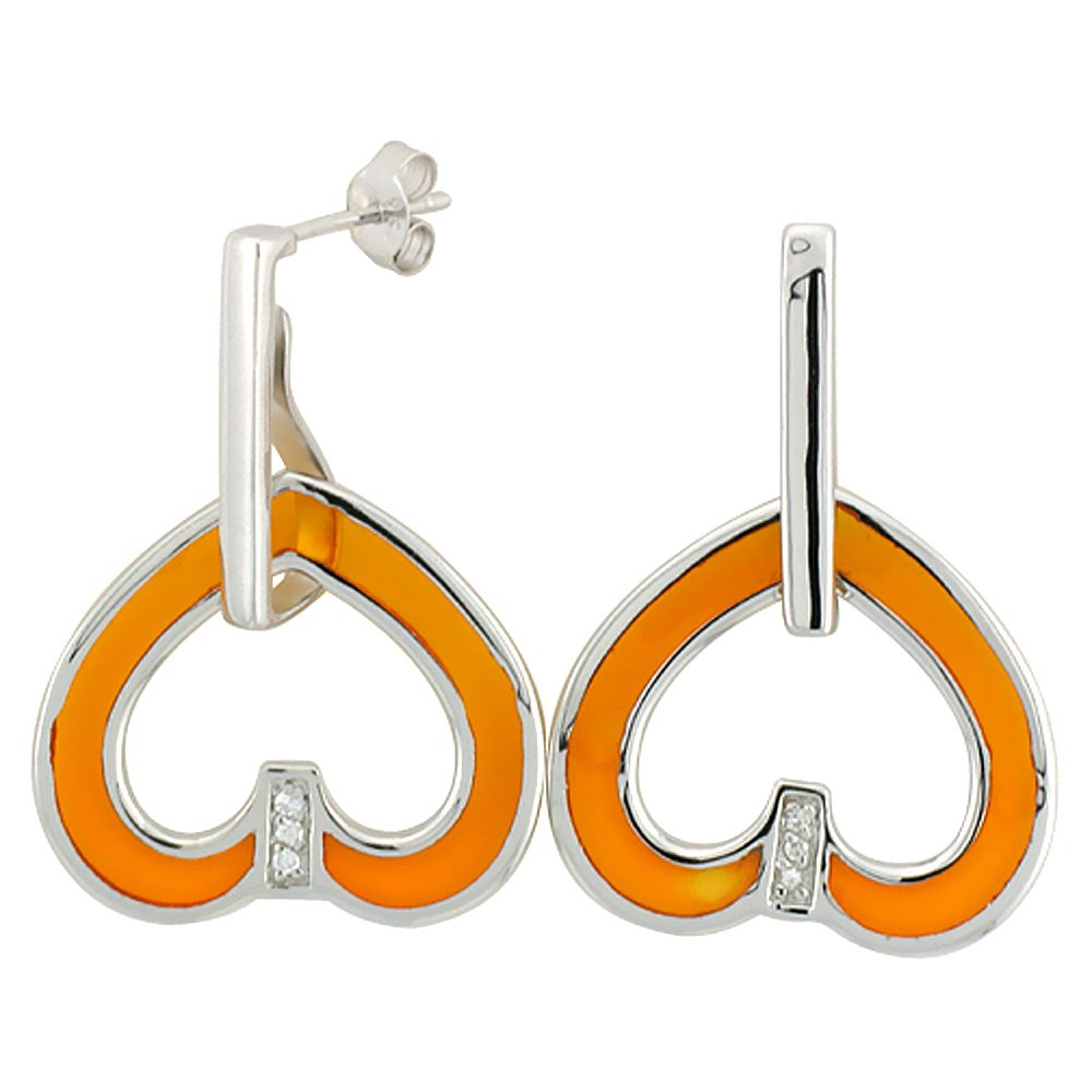 Sterling Silver Cubic Zirconia Yellow Heart Resin Earrings, 15/16 inch wide