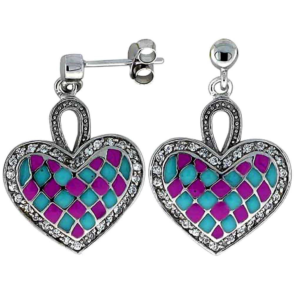 Sterling Silver Heart Dangle Earrings Pink & Blue Enamel Checkered pattern, 7/8 inch