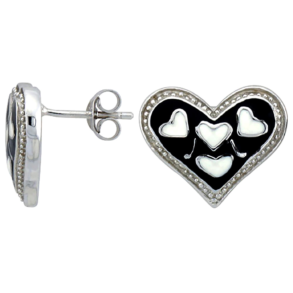 Sterling Silver Heart Post Earrings Black & White Enamel Rhodium finish 11/16 inch