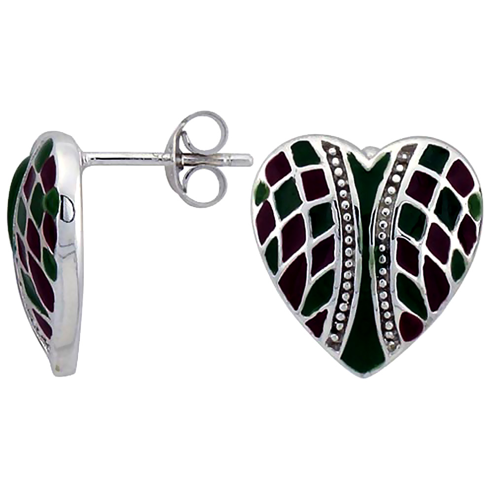 Sterling Silver Heart Post Earrings Green & Red Enamel Checkered pattern Rhodium finish, 1/2 inch