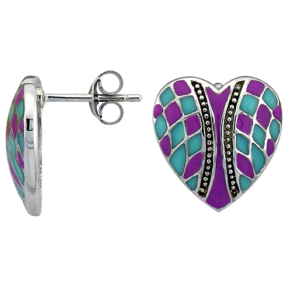 Sterling Silver Heart Post Earrings Pink & Blue Enamel Checkered pattern Rhodium finish, 1/2 inch