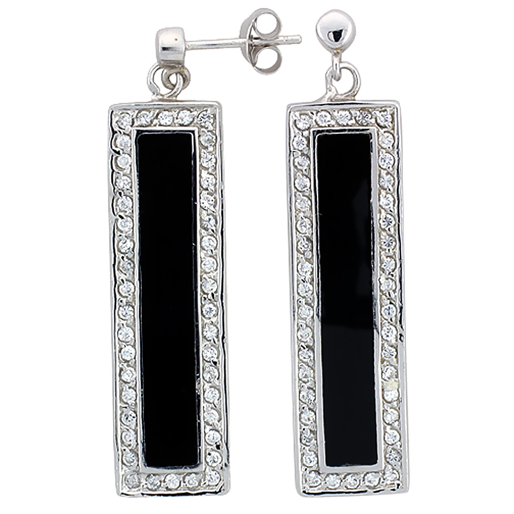 Sterling Silver Cubic Zirconia Black Bar Resin Earrings, 7/16 inch wide