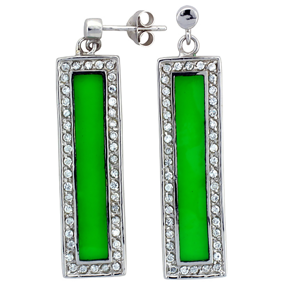 Sterling Silver Cubic Zirconia Green Bar Resin Earrings, 7/16 inch wide