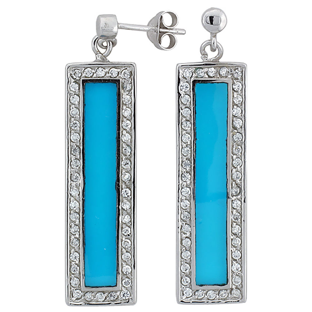 Sterling Silver Cubic Zirconia Blue Bar Resin Earrings, 7/16 inch wide