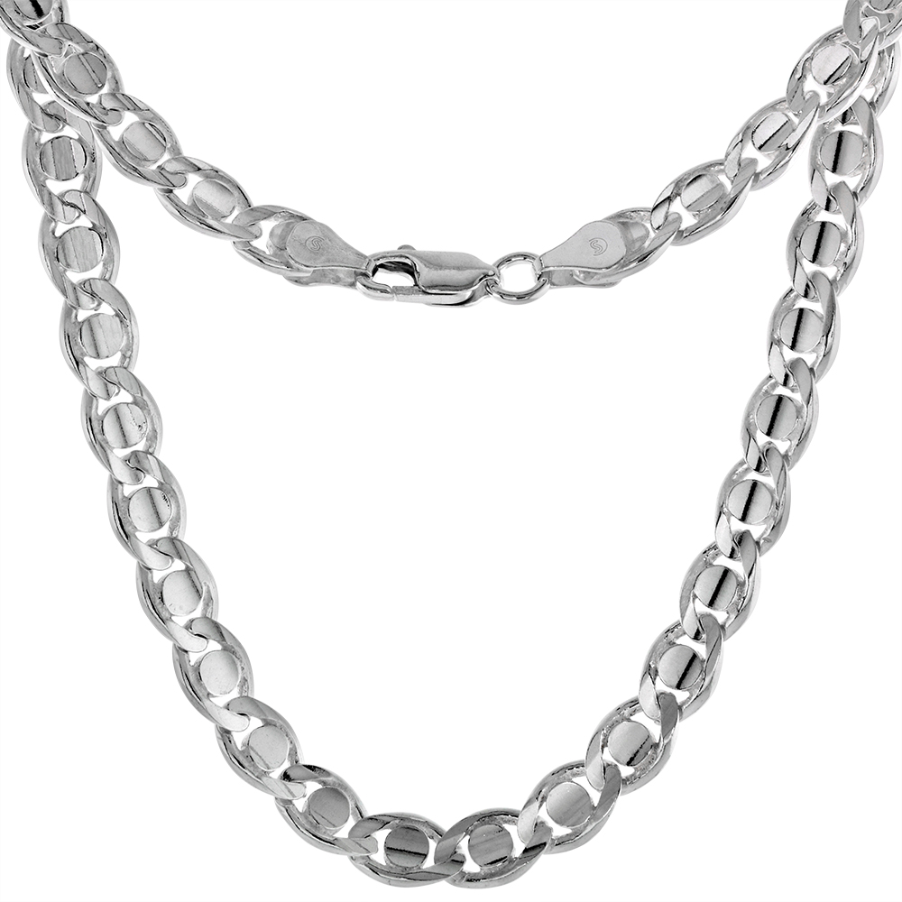 STERLING SILVER ROUND BAR 7MM MARINER CHAIN NECKLACES & BRACELETS FOR MEN & WOMEN CONCAVE CUT NICKEL FREE ITALY 7-30 INCH
