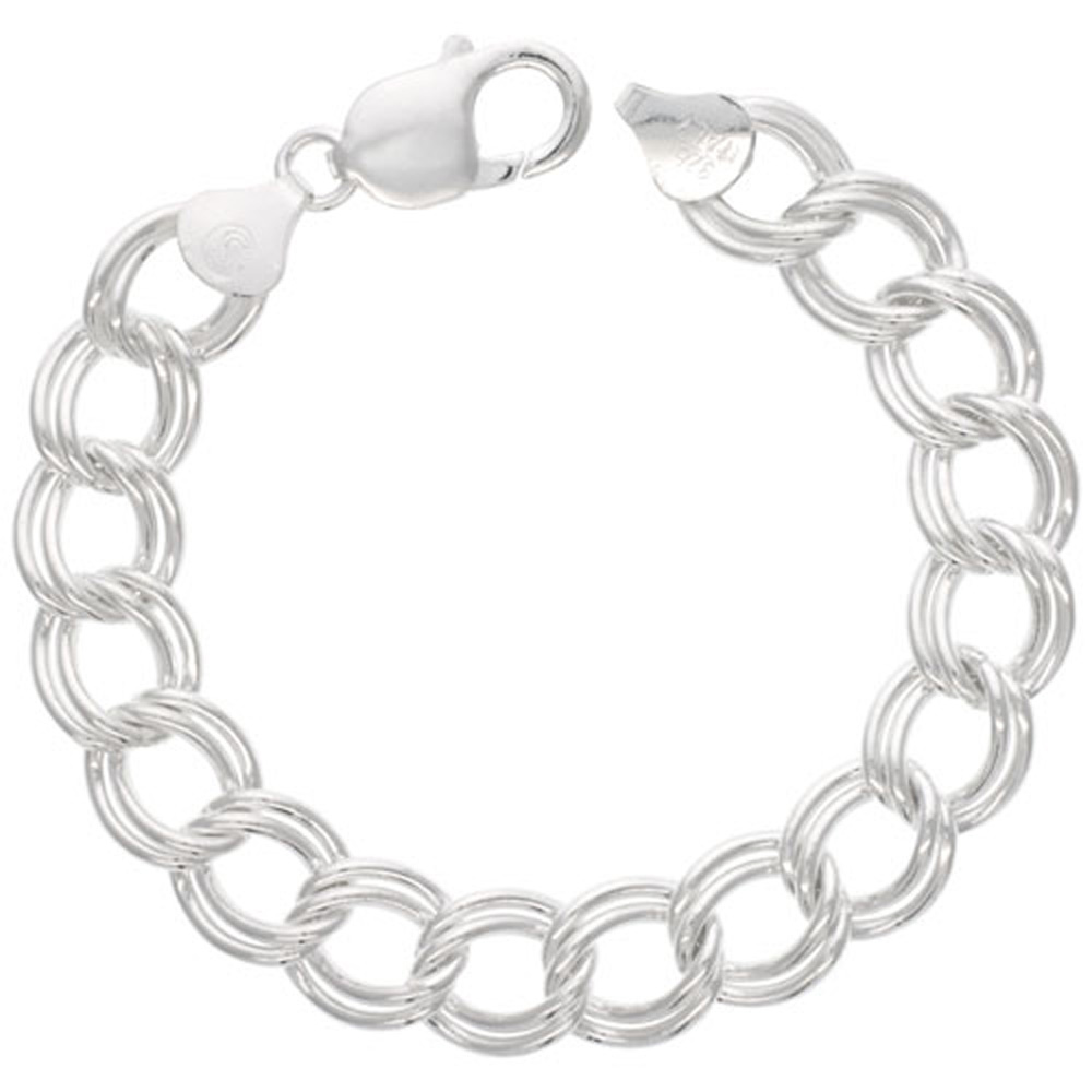 STERLING SILVER DOUBLE LINK CHARM BRACELET 11 MM VERY LARGE NICKEL FREE ITALY, 7/16 WIDE SIZES 7 & 8 INCH
