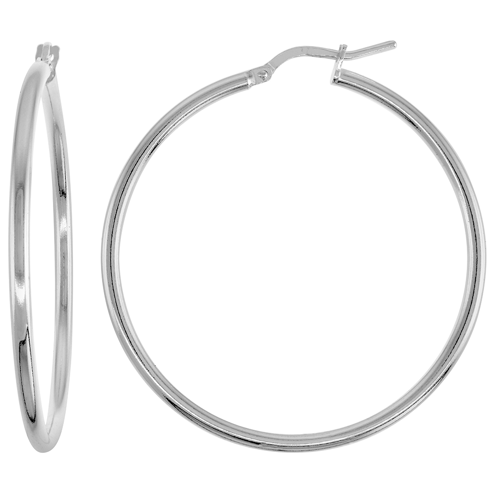 Sterling Silver Italian Hoop Earrings 2mm thin, 1 5/8 inch round