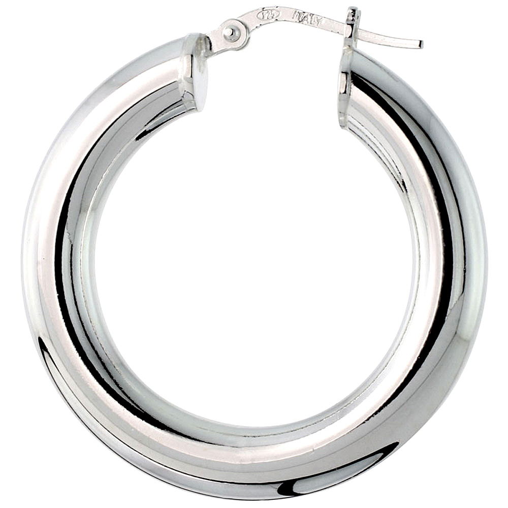1 1/4 INCH STERLING SILVER 30MM HOOP EARRINGS 5MM THICK TUBE PLAIN POLISHED NICKEL FREE ITALY