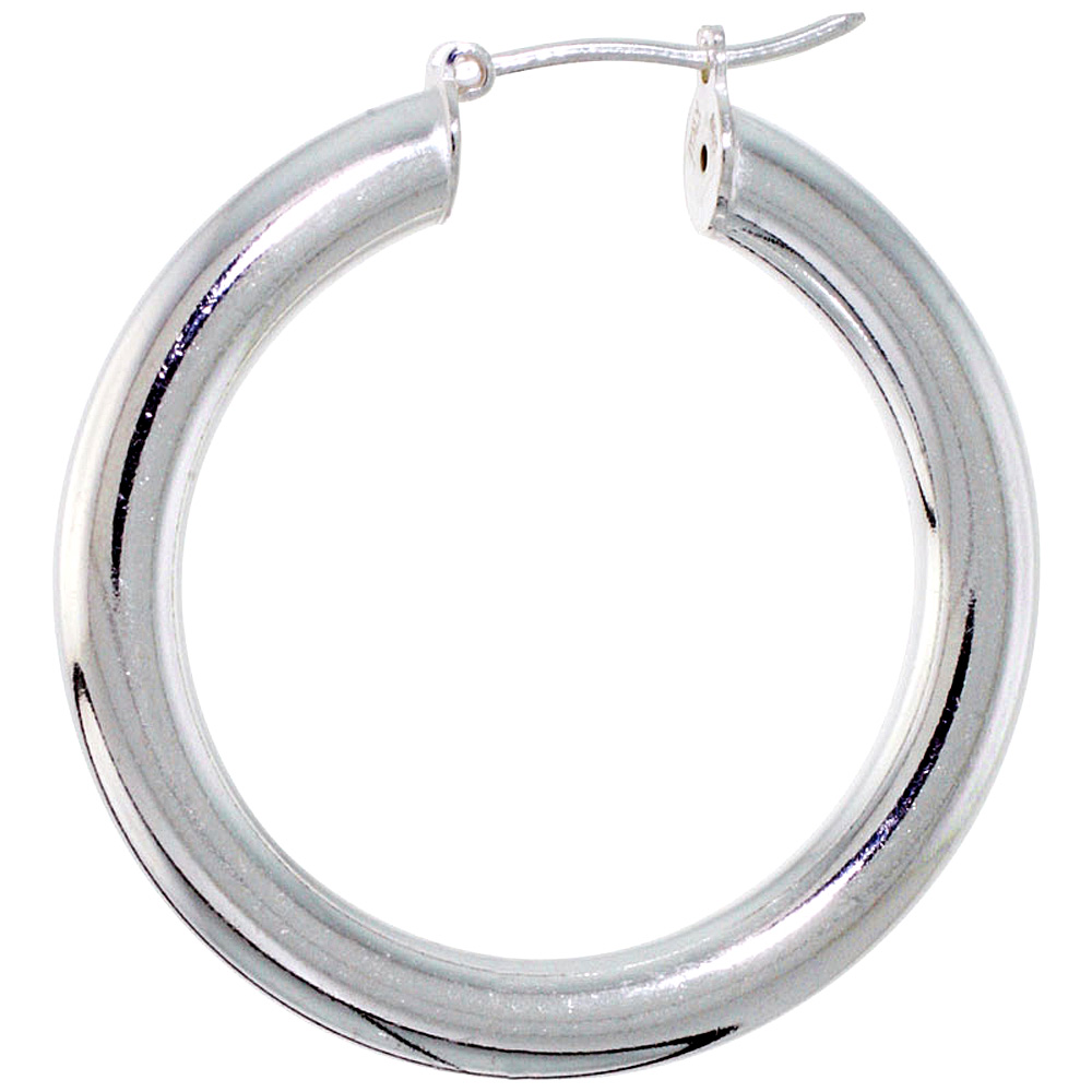 1 3/8 INCH STERLING SILVER 35MM HOOP EARRINGS 5MM THICK TUBE PLAIN POLISHED NICKEL FREE ITALY