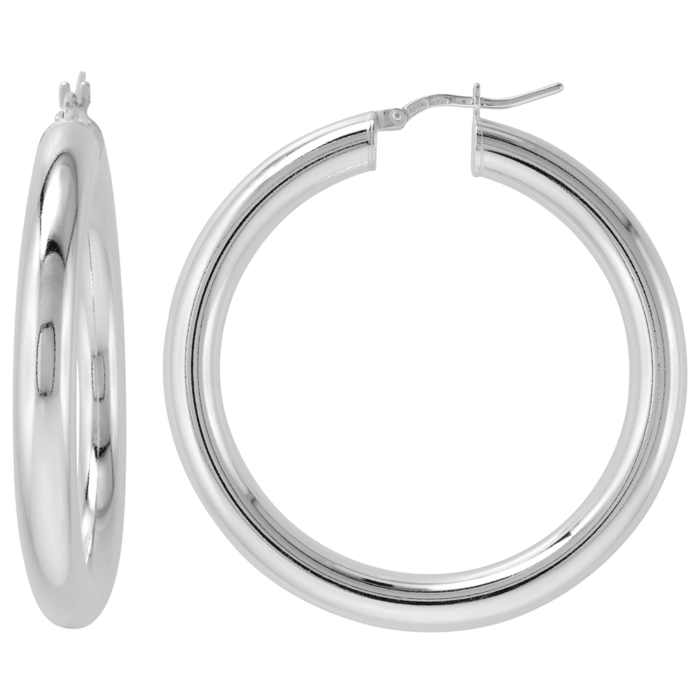 1 3/4 INCH STERLING SILVER 45MM HOOP EARRINGS 5MM THICK TUBE PLAIN POLISHED NICKEL FREE ITALY