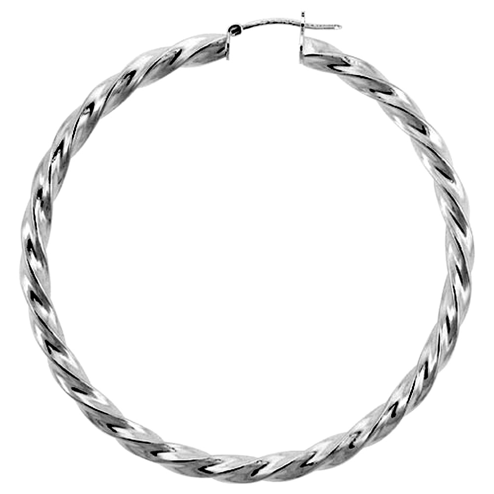STERLING SILVER 2 3/8 INCH TWISTED HOOP EARRINGS FOR WOMEN CLICK TOP 4MM SQUARE TUBE 60MM ROUND ITALY