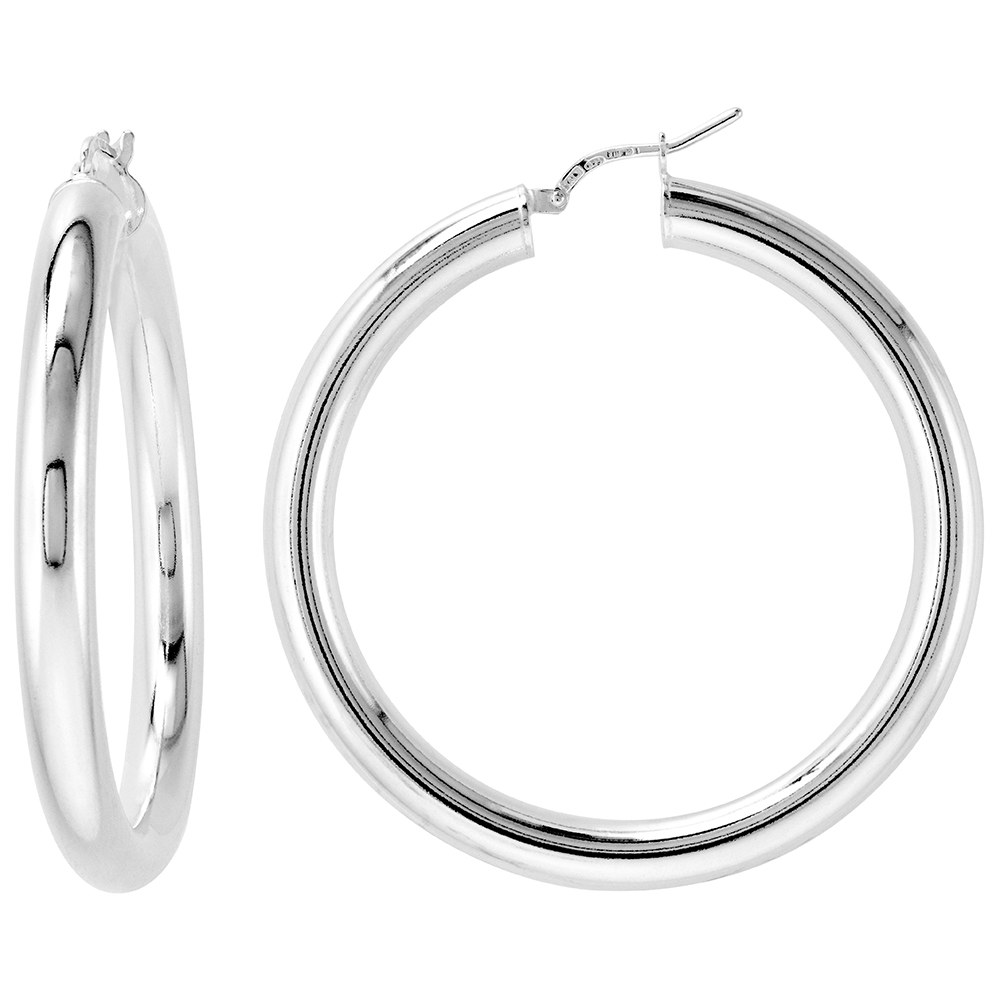 2 INCH STERLING SILVER 50MM HOOP EARRINGS 5MM THICK TUBE PLAIN POLISHED NICKEL FREE ITALY