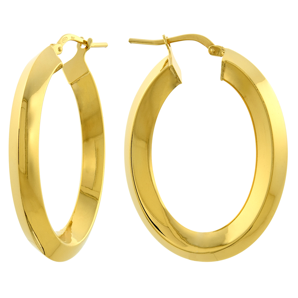 1 3/8 INCH GOLD PLATED STERLING SILVER 5MM TUBE THICK OVAL KNIFE EDGE HOOP EARRINGS FOR WOMEN CLICK TOP 35MM LONG ITALY