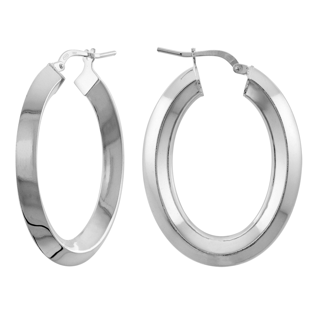 1 3/8 INCH STERLING SILVER 5MM TUBE THICK OVAL KNIFE EDGE HOOP EARRINGS FOR WOMEN CLICK TOP 35MM LONG ITALY