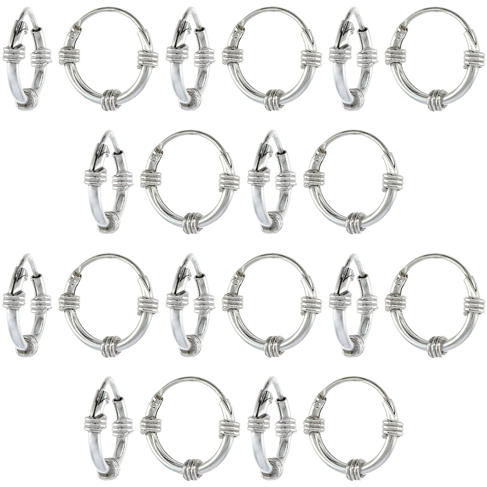 10-Pair set Sterling Silver Small Bali Style Endless Hoop Earrings for Cartilage Nose and Lips 3/8 inch 10mm