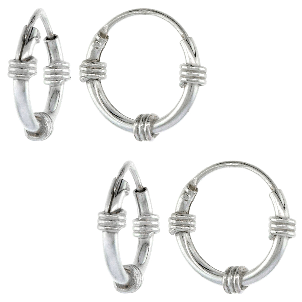 2-Pair set Sterling Silver Small Bali Style Endless Hoop Earrings for Cartilage Nose and Lips 3/8 inch 10mm