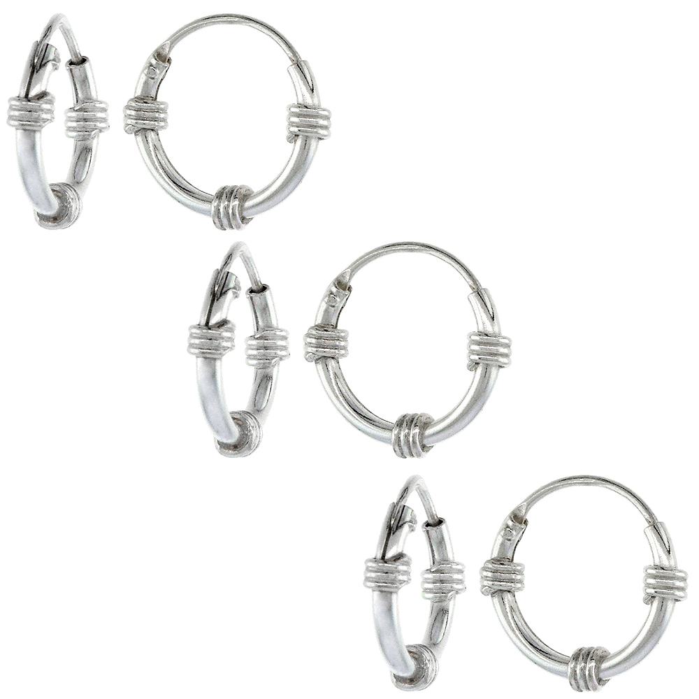 3-Pair set Sterling Silver Small Bali Style Endless Hoop Earrings for Cartilage Nose and Lips 3/8 inch 10mm