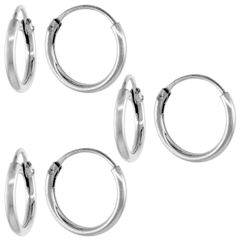 3 Pairs Sterling Silver Small Endless Hoop Earrings for Cartilage Nose and Lips 3/8 inch 8mm
