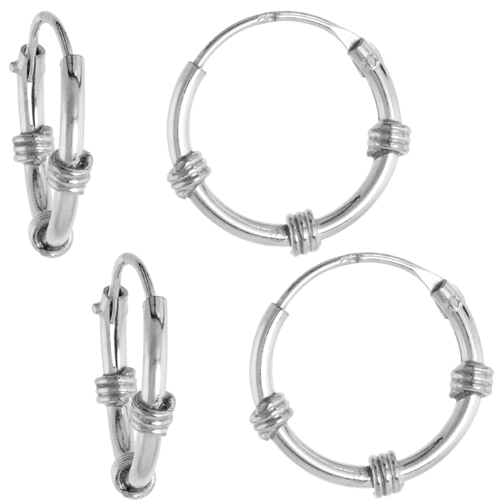 2 Pairs Sterling Silver Bali Style Endless Hoop Earrings for ears Nose and lips 1/2 inch 12mm