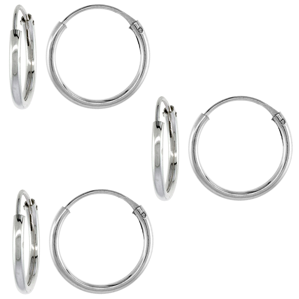 3 Pairs Sterling Silver Endless Hoop Earrings for Ears Nose and lips 1/2 inch 12mm