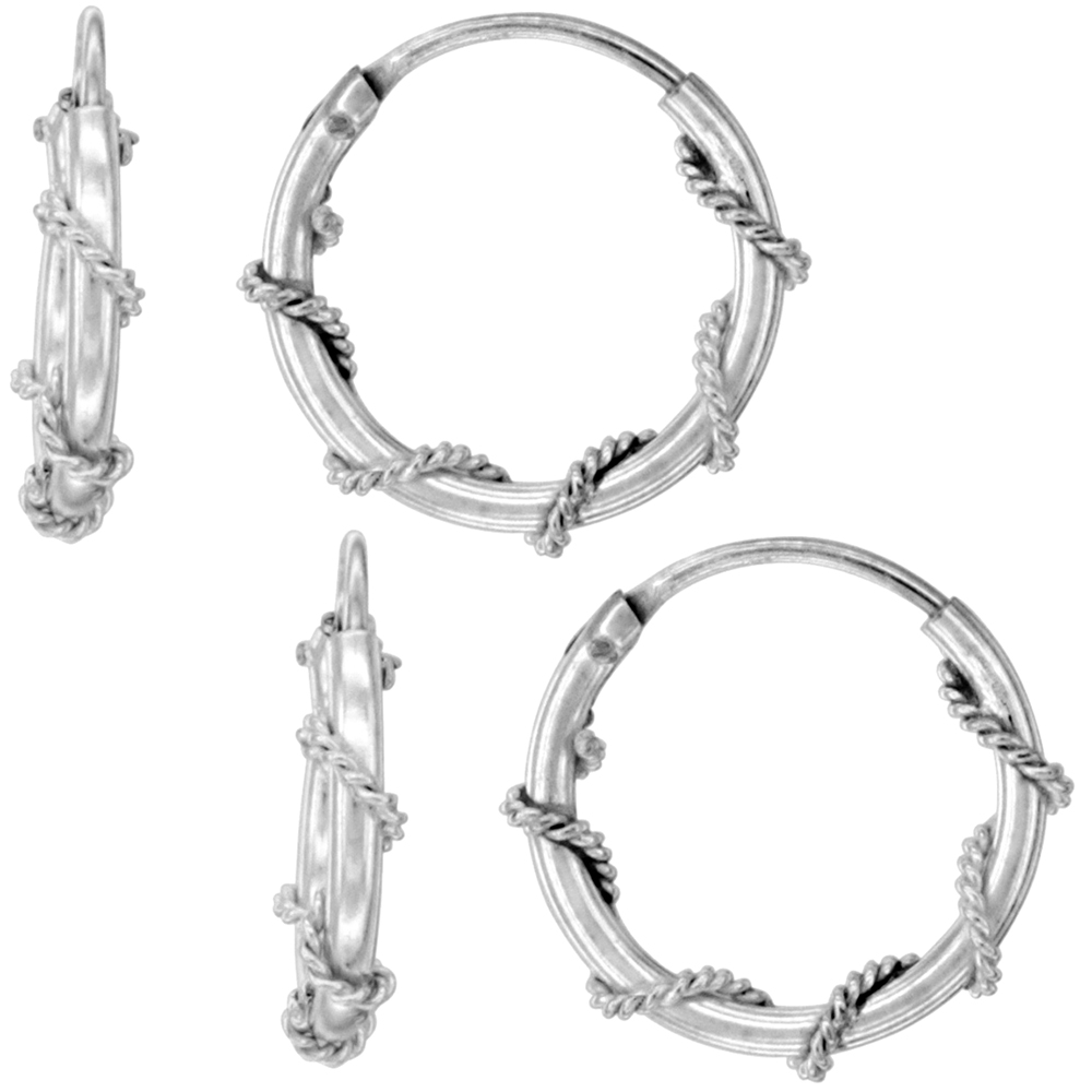 2 Pairs Sterling Silver Rope Wire Wrapped Endless Hoop Earrings 1 mm thin tube 7/16 inch 14mm