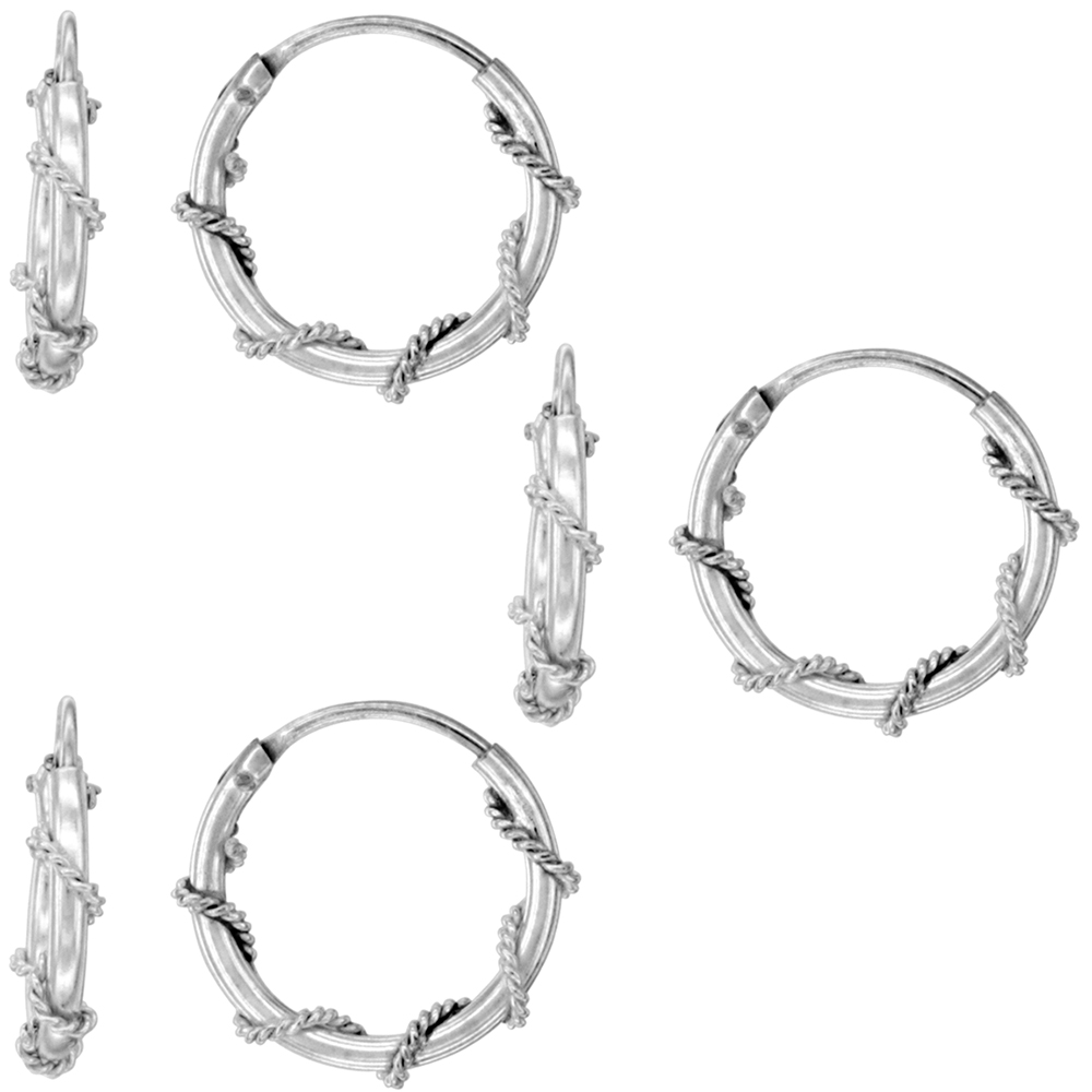 3 Pairs Sterling Silver Rope Wire Wrapped Endless Hoop Earrings 1 mm thin tube 7/16 inch 14mm