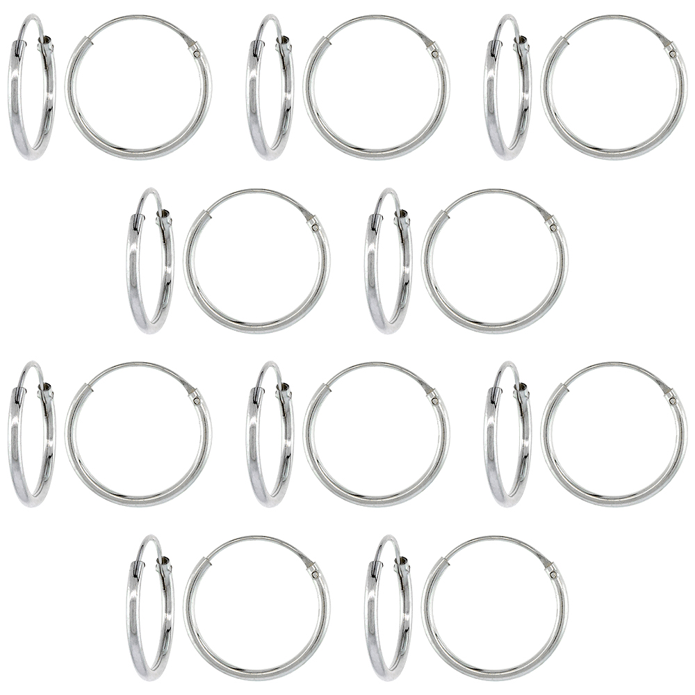 10 Pairs Sterling Silver Endless Hoop Earrings for men and women thin 1 mm tube 7/16 inch 14mm