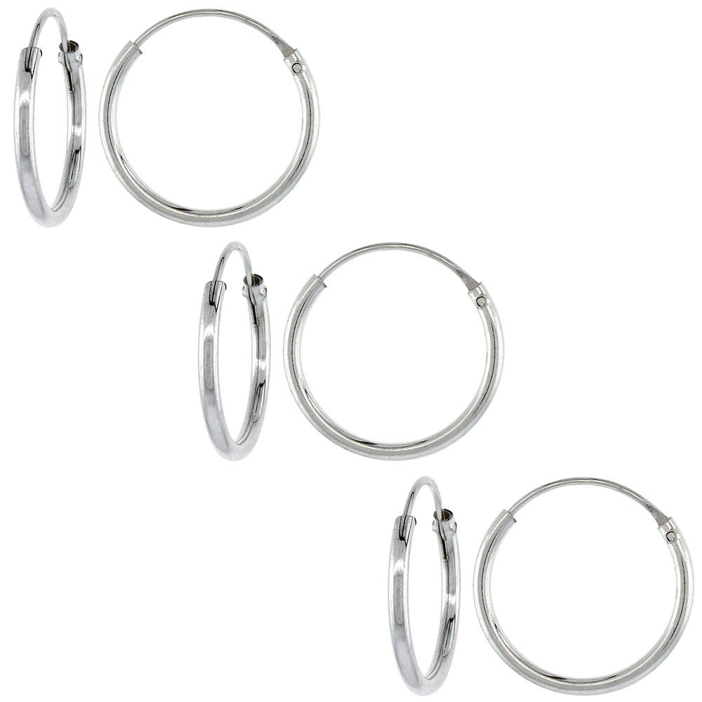 3 Pairs Sterling Silver Endless Hoop Earrings for men and women thin 1 mm tube 7/16 inch 14mm