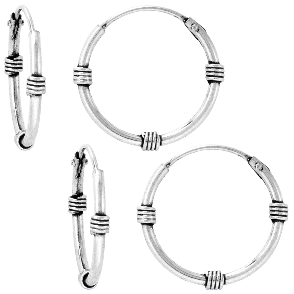2 Pairs Sterling Silver Bali Style Endless Hoop Earrings 1 mm tube 5/8 inch 15mm