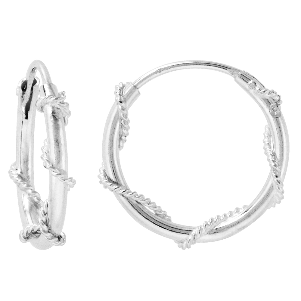 Sterling Silver Rope Wire Wrapped Endless Hoop Earrings 1 mm thin tube 5/8 inch 16mm